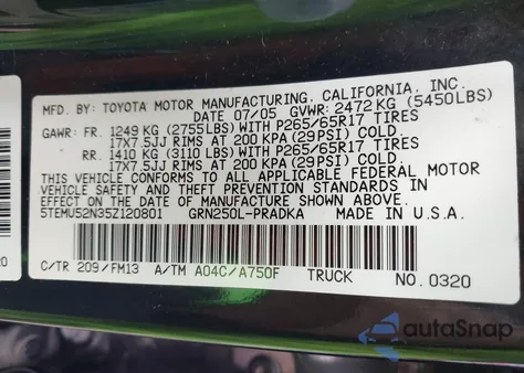 2005 Toyota Tacoma Base V6 z USA, uszkodzony, nr VIN 5TEMU52N35Z120801